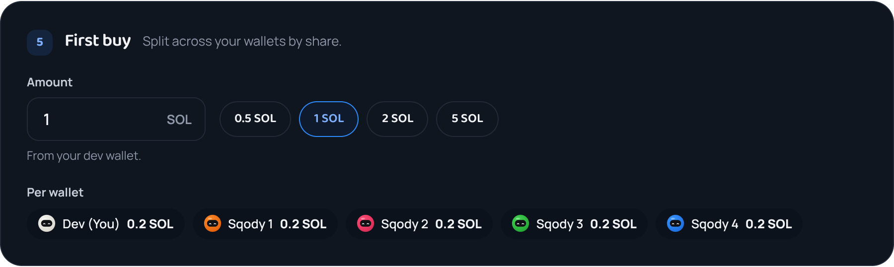 The first buy amount with the per-wallet breakdown beneath it