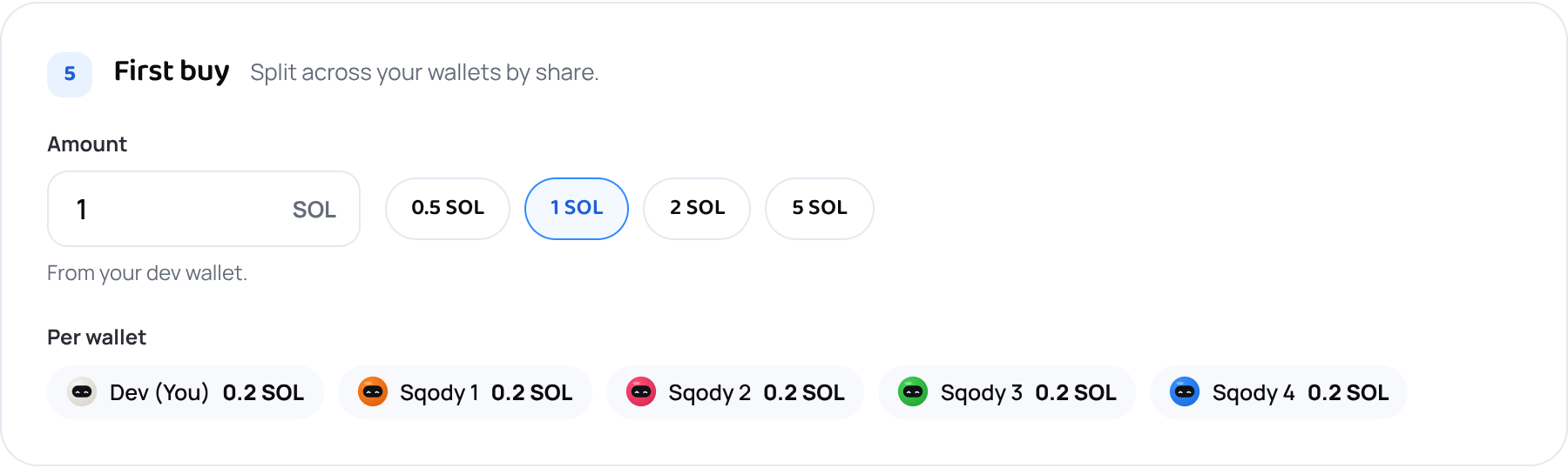 The first buy amount with the per-wallet breakdown beneath it