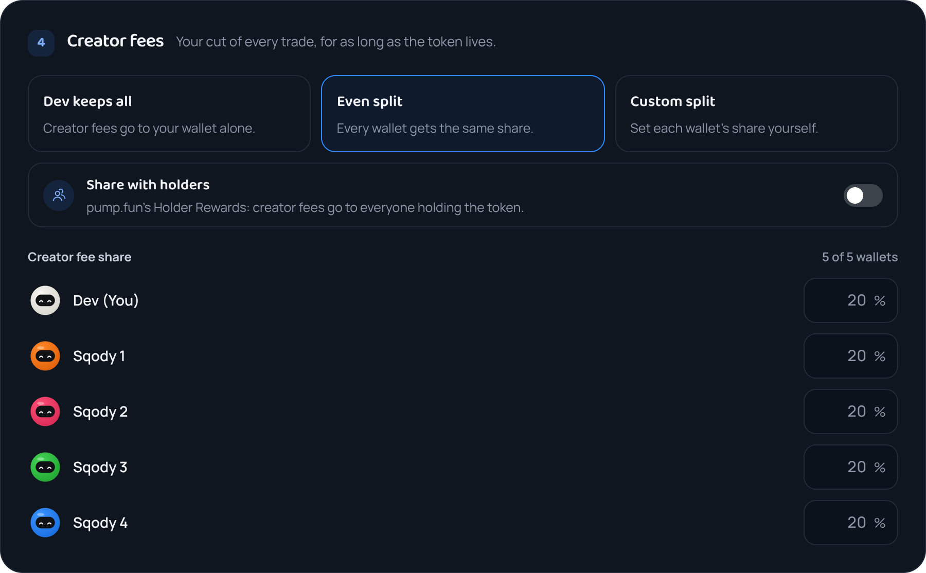 Three ways to split creator fees: dev keeps all, even split or a custom split, and below them Share with holders