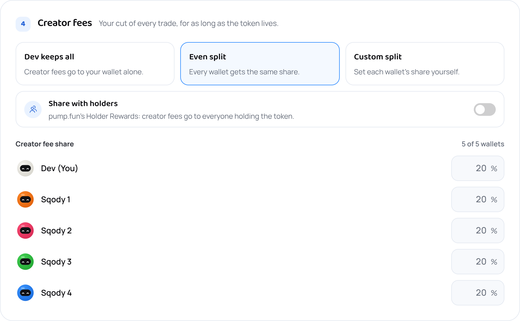 Three ways to split creator fees: dev keeps all, even split or a custom split, and below them Share with holders