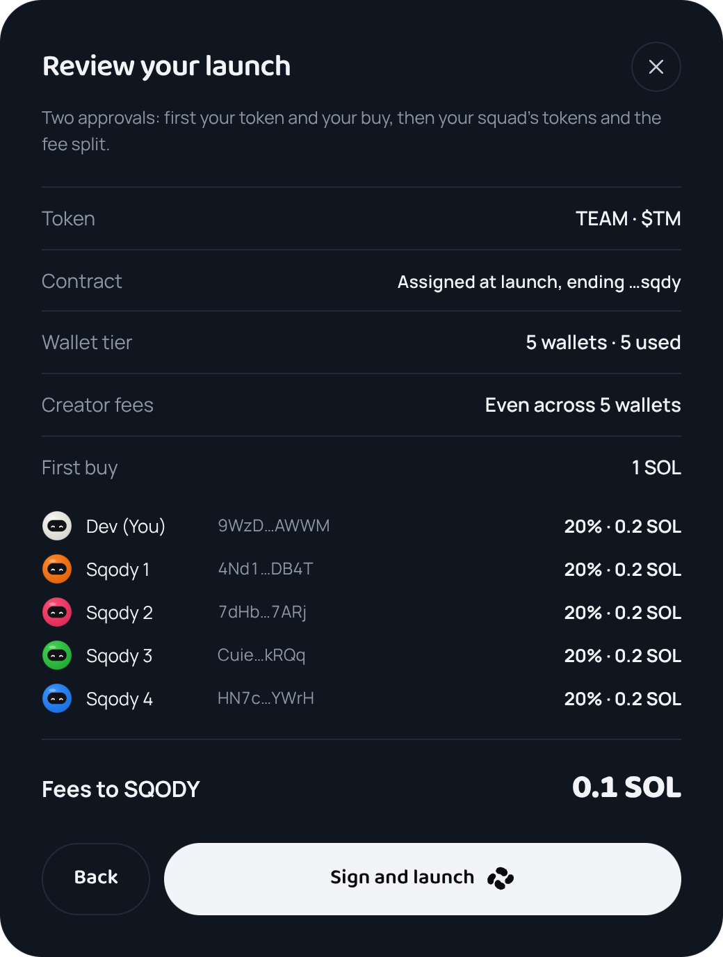 The review dialog listing the token, the wallets and the total