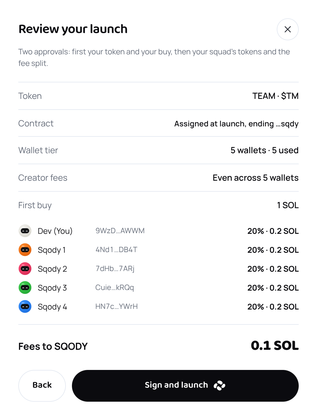 The review dialog listing the token, the wallets and the total