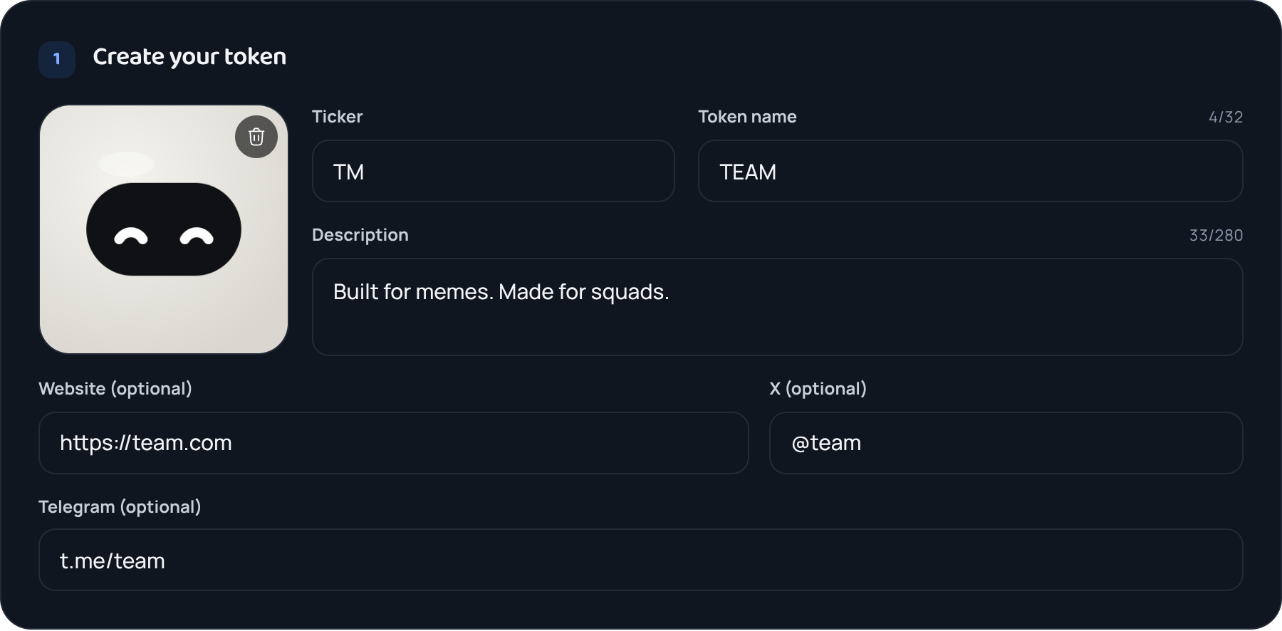The token details step: a large token image with ticker, name and description beside it, then the social links