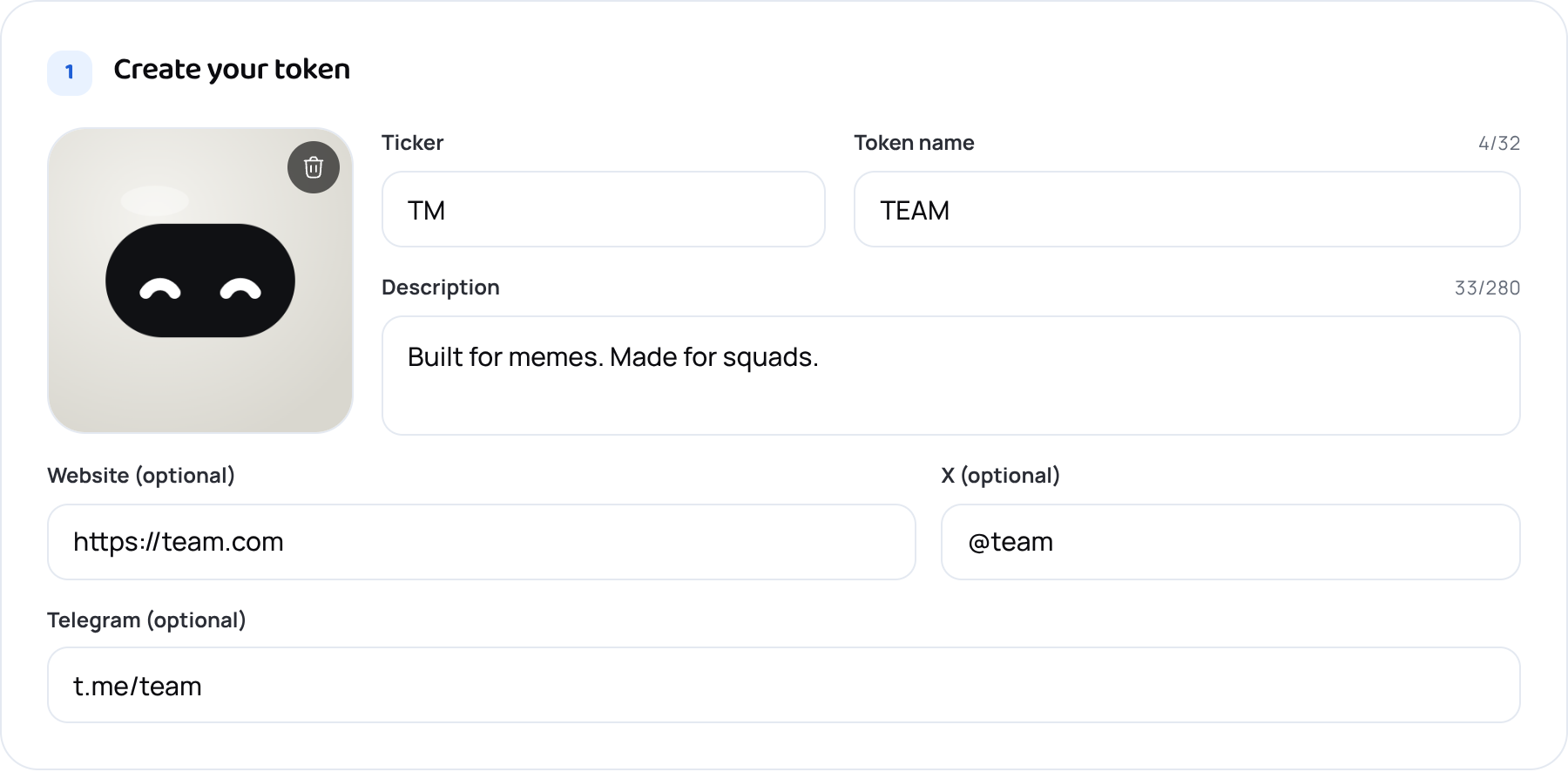The token details step: a large token image with ticker, name and description beside it, then the social links